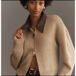 Anthropologie Tan Zip-Up Cardigan with Brown Collar